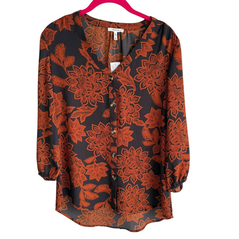 NWT MAURICES 'Winona' Orange and Black Floral Button Down Ladies Blouse, XS